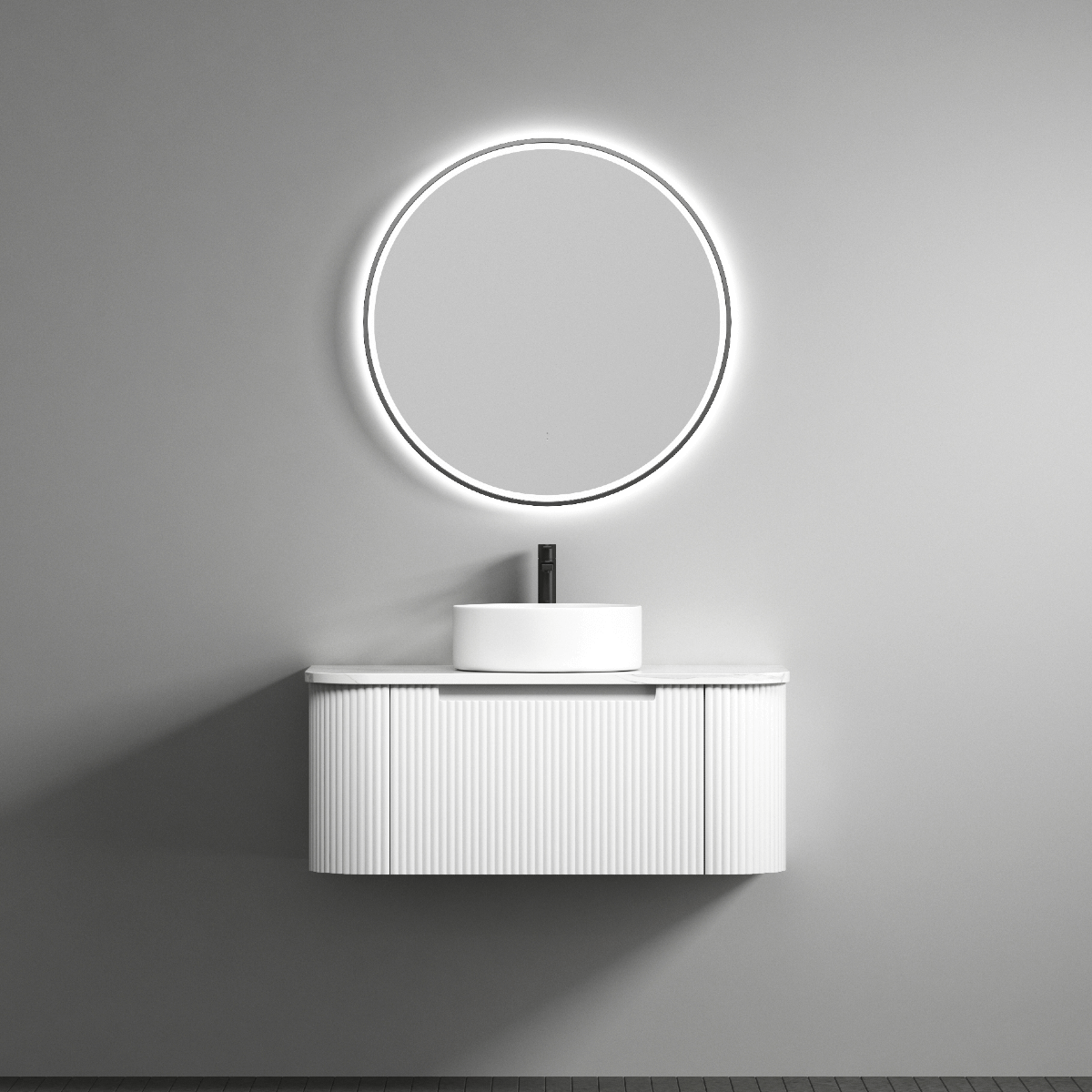 Petra - 750mm Wall Hung Curving V-Groove Matte White Vanity 900x460x350mm
