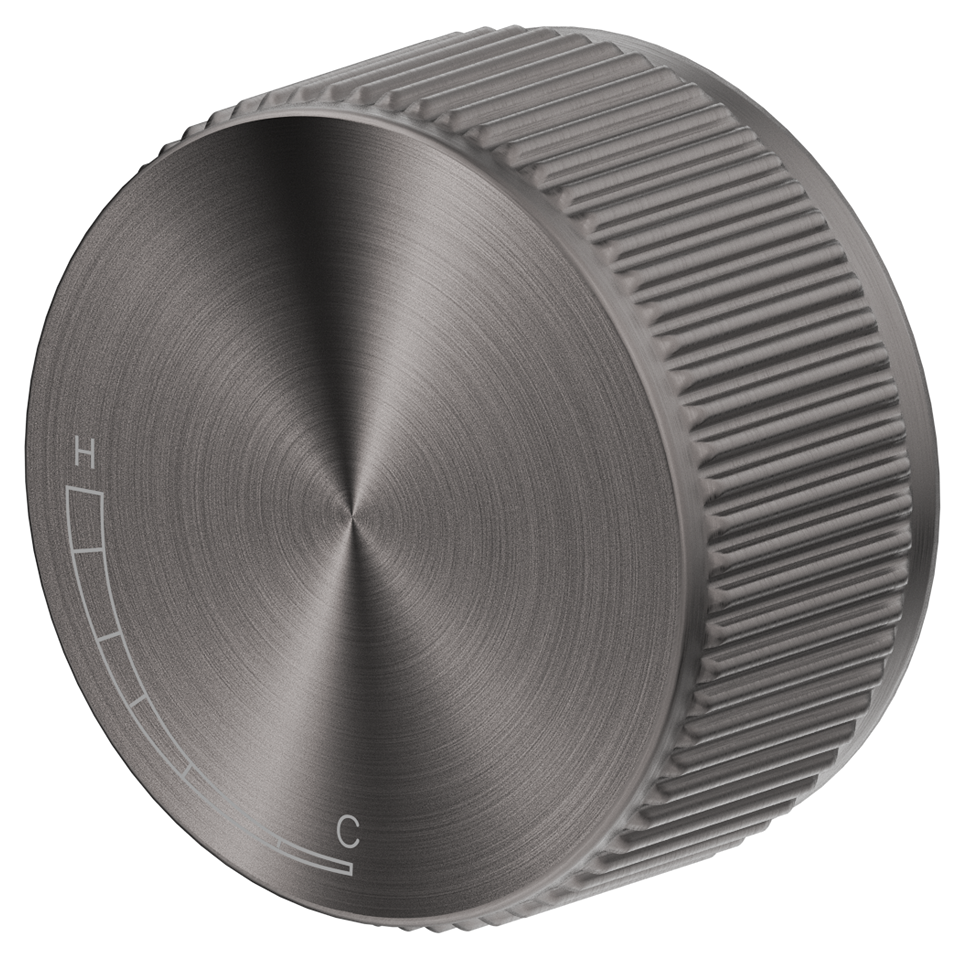 Mica Fluted progressive shower mixer with a round fluted control in gunmetal on a white background.