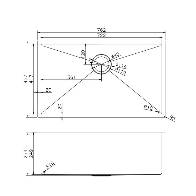 Kitchen Sink - Stainless Steel Single Bowl Kitchen Sink
762x457x254mm