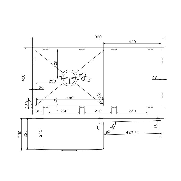 Kitchen Sink - Stainless Steel Single Bowl Kitchen Sink with Drainer
960x450x230mm