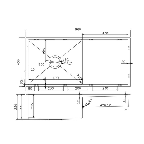 Kitchen Sink - Stainless Steel Single Bowl Kitchen Sink with Drainer
960x450x230mm