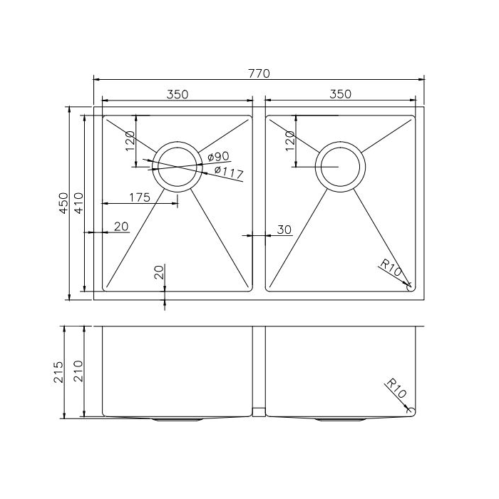 Kitchen Sink - Gold Stainless Steel Double Bowl Sink
770x450x215mm