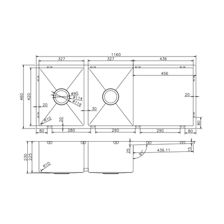 Kitchen Sink - Stainless Steel Double Bowl Kitchen Sink with Draining Board
1160x460x230mm