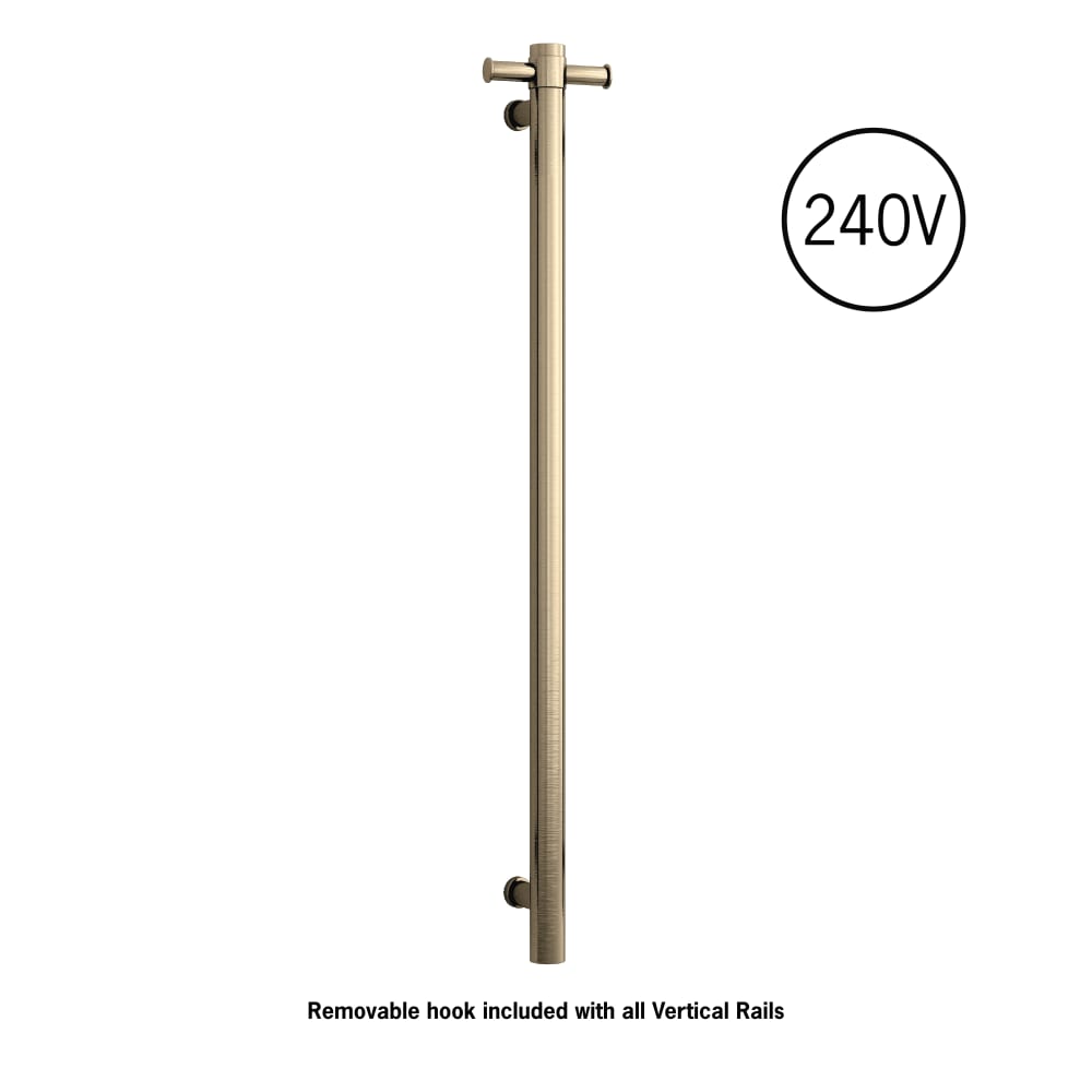 Thermorail - Straight/Round 240Volt Vertical Bar 900x142x100mm 20Watt With Optional Hook - Brushed Brass