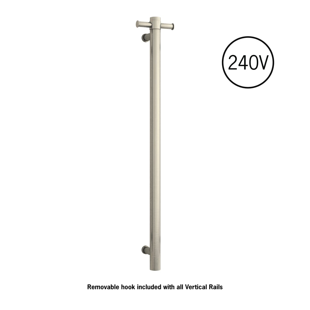 Thermorail - Straight/Round 240Volt Vertical Bar 900x142x100mm 20Watt With Optional Hook - Brushed Nickel