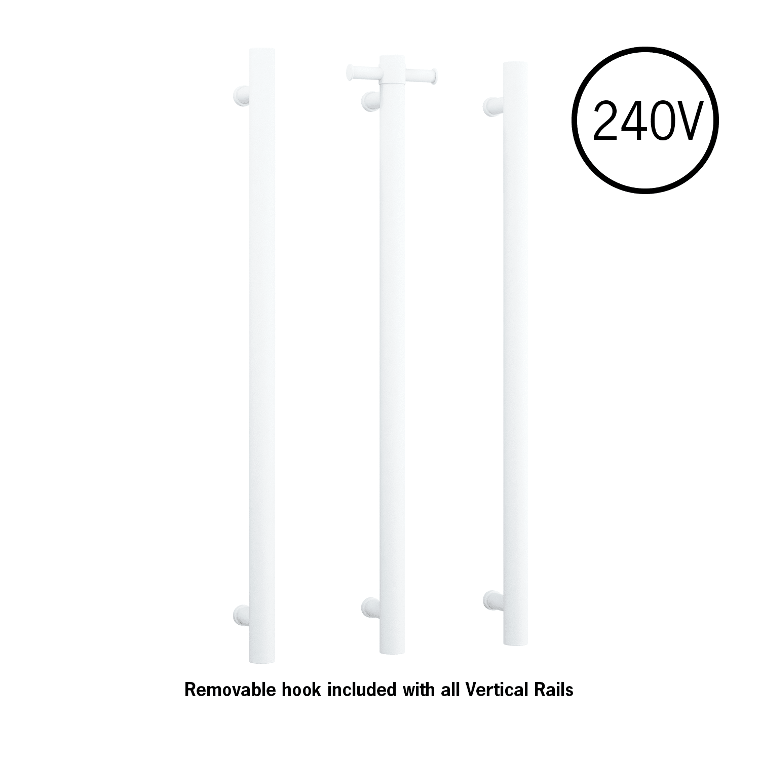 Thermorail - Straight/Round 240Volt Vertical Bar 900x142x100mm 22Watts With Optional Hook - Matt White