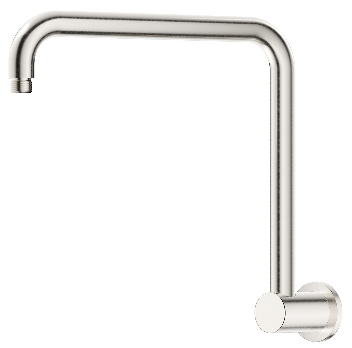 Mica Gooseneck Shower Arm in brushed nickel with a curved high-rise wall-mounted design.