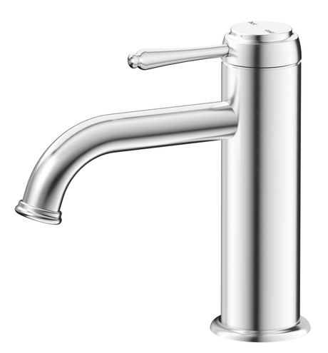 Mica Heritage Basin Mixer in chrome with a curved spout and traditional lever handle.