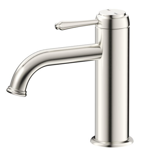 Mica Heritage Basin Mixer in brushed nickel with a curved spout and traditional lever handle.