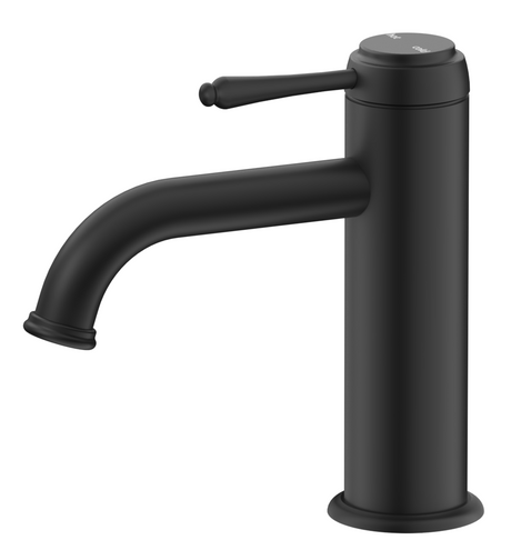 Mica Heritage Basin Mixer in matte black with a curved spout and traditional lever handle.