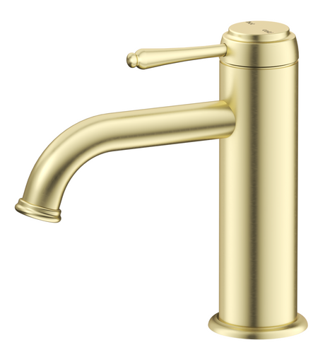 Mica Heritage Basin Mixer in French Gold with a curved spout and traditional lever handle.