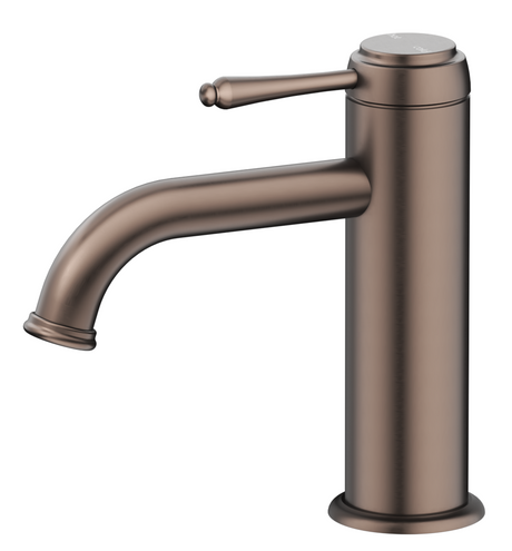 Mica Heritage Basin Mixer in Dusk Bronze with a curved spout and traditional lever handle.