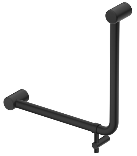 Mica Care curved 90-degree 450 x 450mm ambulant grab rail in black on a white background.