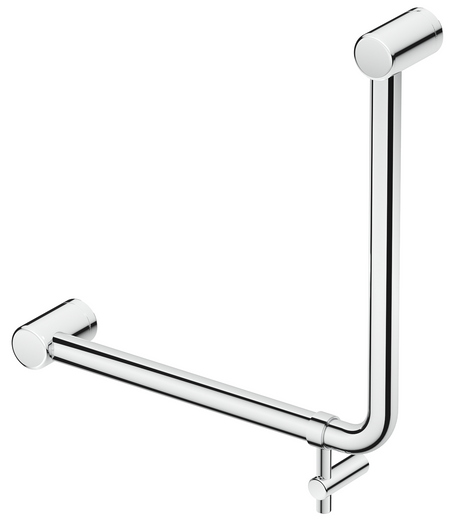 Mica Care curved 90-degree 450 x 450mm ambulant grab rail in polished chrome on a white background.