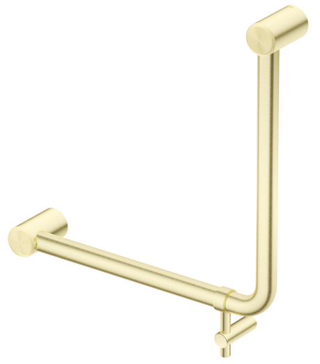 Mica Care curved 90-degree 450 x 450mm ambulant grab rail in French gold on a white background.