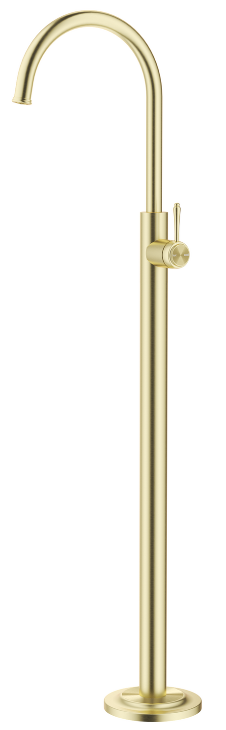 Mica Heritage Freestanding Bath Mixer in French Gold with a high curved spout and lever handle.