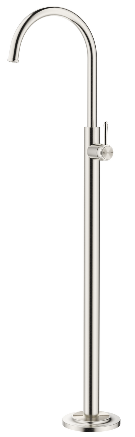 Mica Heritage Freestanding Bath Mixer in brushed nickel with a high curved spout and lever handle.