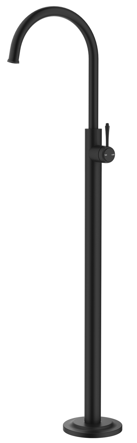 Mica Heritage Freestanding Bath Mixer in matte black with a high curved spout and lever handle.