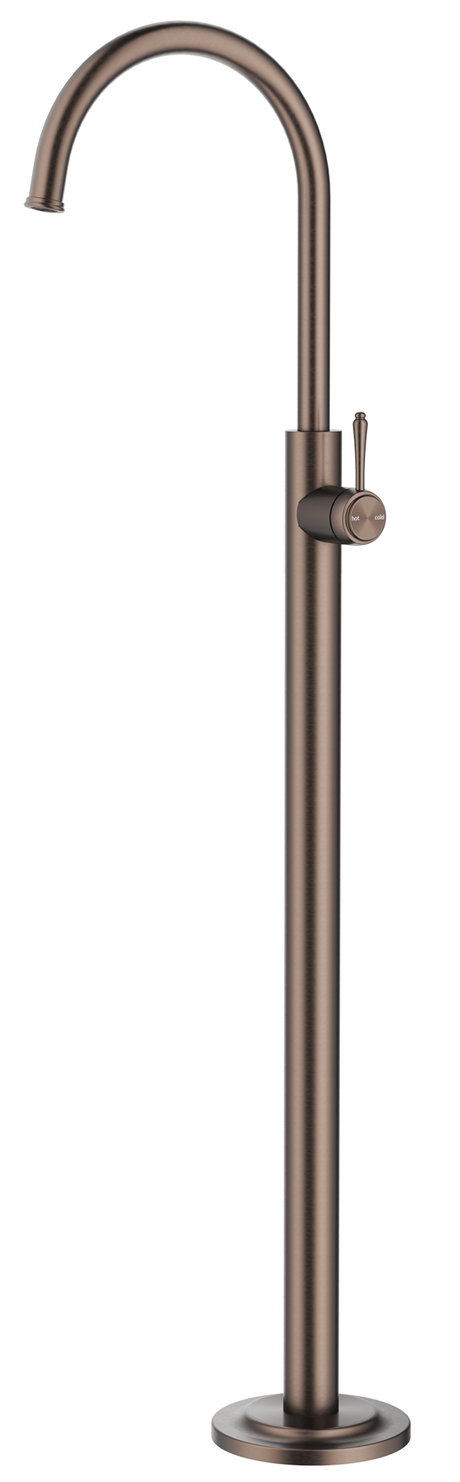 Mica Heritage Freestanding Bath Mixer in Dusk Bronze with a high curved spout and lever handle. 
