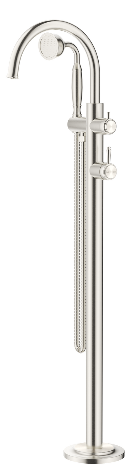 Mica Heritage Freestanding Bath Mixer with hand shower in brushed nickel.