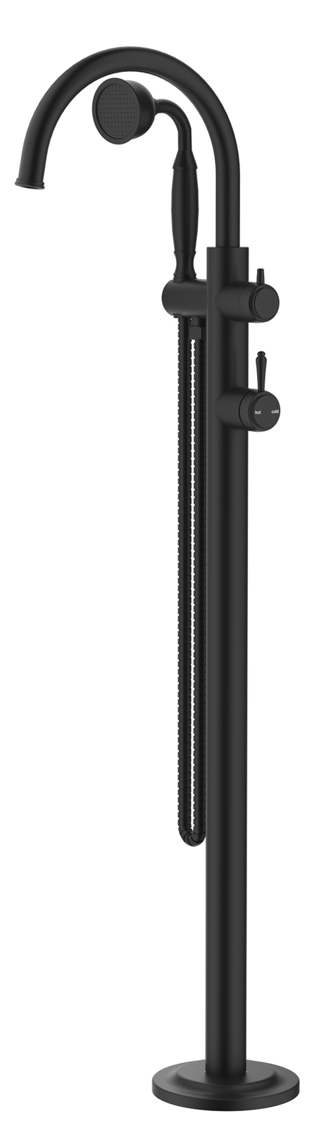 Mica Heritage Freestanding Bath Mixer with hand shower in matte black.
