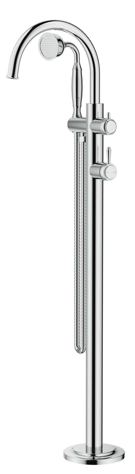 Mica Heritage Freestanding Bath Mixer with hand shower in polished chrome.