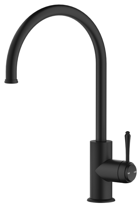 Mica Heritage Gooseneck Sink Mixer in matte black with a curved spout and lever handle.