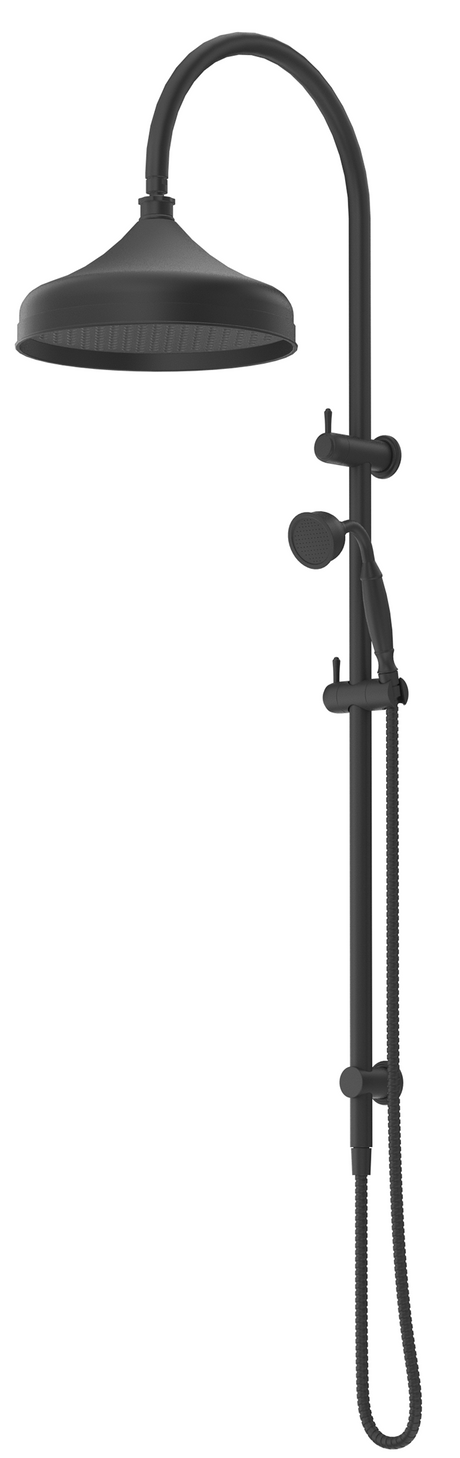 Mica Heritage Dual Shower Rail in matte black with an overhead shower and hand shower.