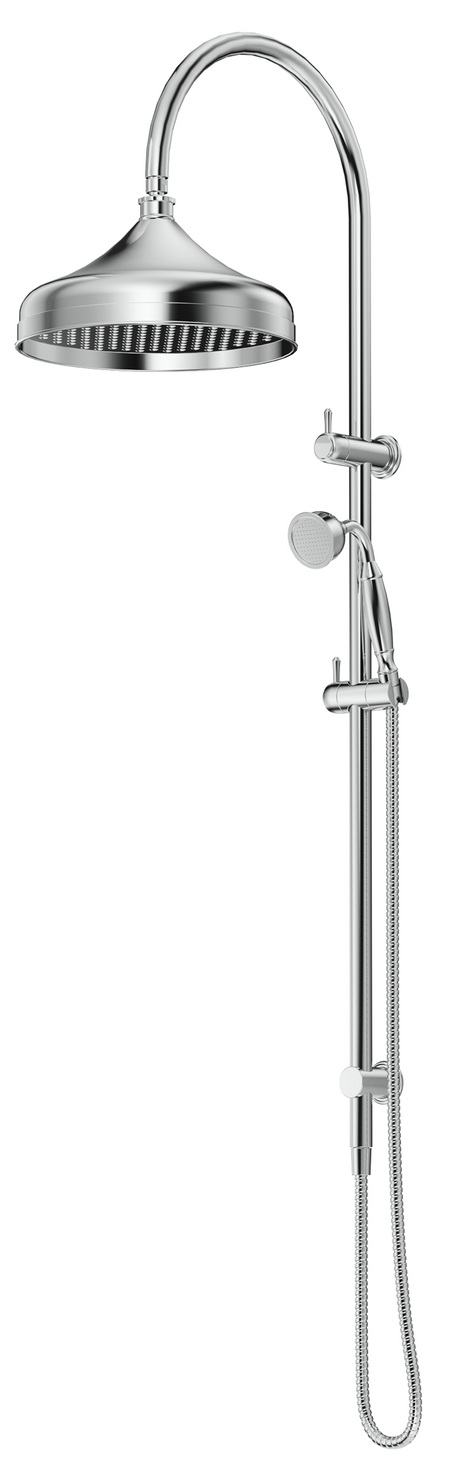 Mica Heritage Dual Shower Rail in polished chrome with an overhead shower and hand shower.