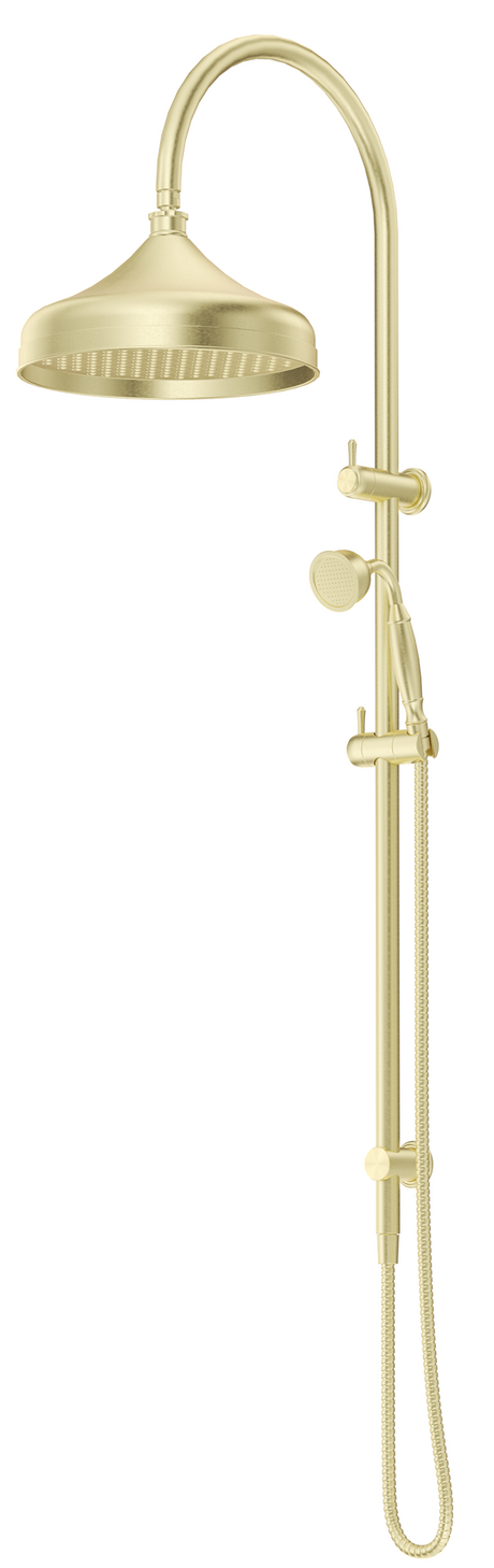 Mica Heritage Dual Shower Rail in French Gold with an overhead shower and hand shower.