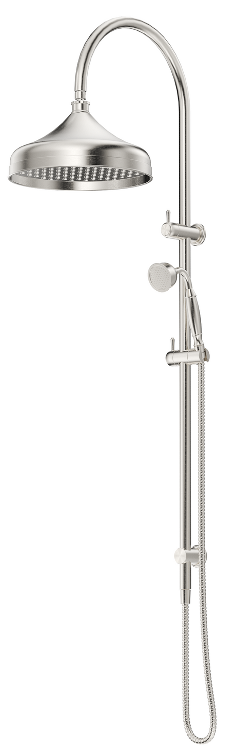 Mica Heritage Dual Shower Rail in brushed nickel with an overhead shower and hand shower.