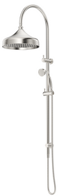 Mica Heritage Dual Shower Rail in brushed nickel with an overhead shower and hand shower.