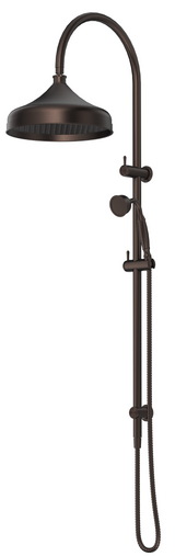 Mica Heritage Dual Shower Rail in Dusk Bronze with an overhead shower and hand shower. 