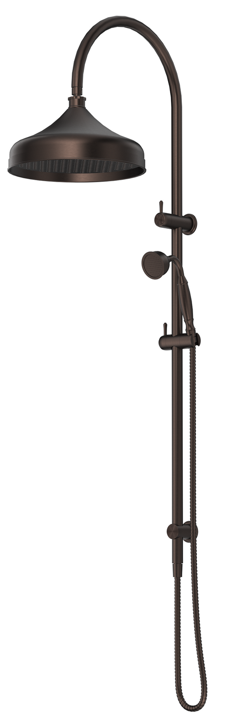 Mica Heritage Dual Shower Rail in Dusk Bronze with an overhead shower and hand shower. 
