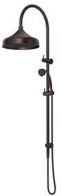 Mica Heritage Dual Shower Rail in Dusk Bronze with an overhead shower and hand shower. 