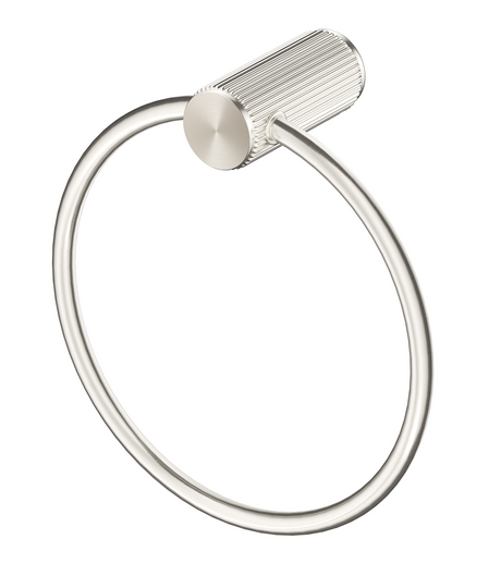 Mica Fluted Towel Ring in brushed nickel with a circular ring and ribbed wall mount. 