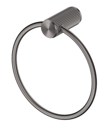 Mica Fluted Towel Ring in gunmetal with a circular ring and ribbed wall mount. 