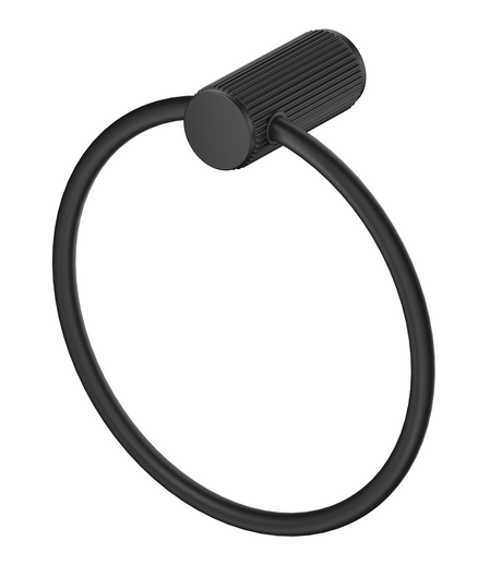 Mica Fluted Towel Ring in black with a circular ring and ribbed wall mount. 