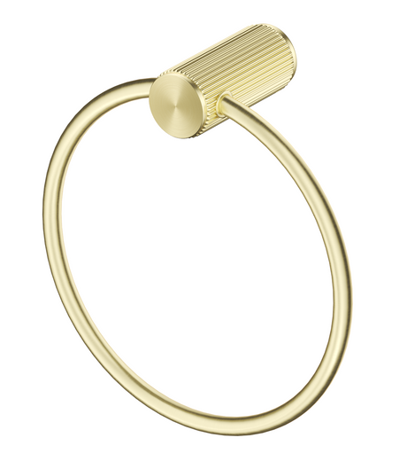 Mica Fluted Towel Ring in French gold with a circular ring and ribbed wall mount. 