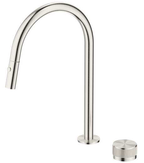 Mica Fluted pull-out hob mixer set with a curved spout and separate round control in brushed nickel on a white background.