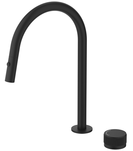 Mica Fluted pull-out hob mixer set with a curved spout and separate round control in black on a white background.