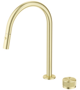 Mica Fluted pull-out hob mixer set with a curved spout and separate round control in French gold on a white background.