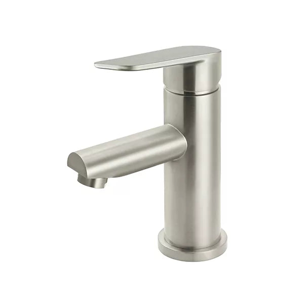 Round - Brushed Nickel Basin Mixer w Straight Spout & Paddle Handle