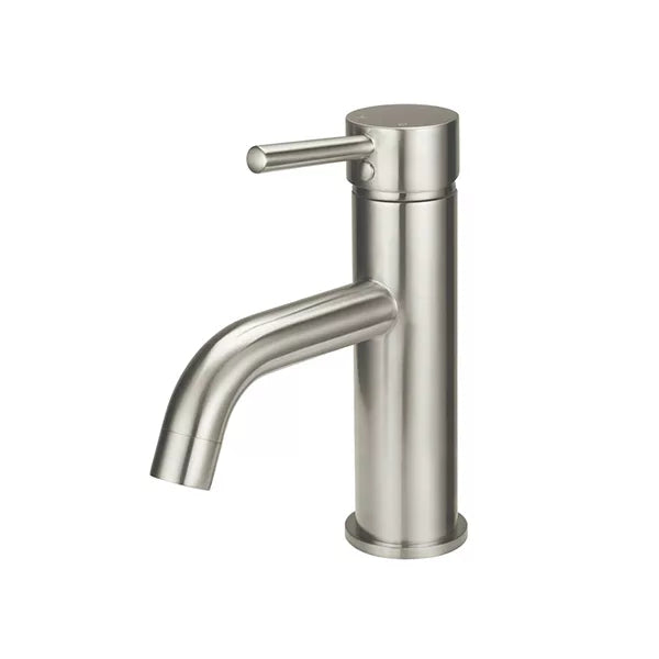 Round - Brushed Nickel Basin Mixer w Curved Spout