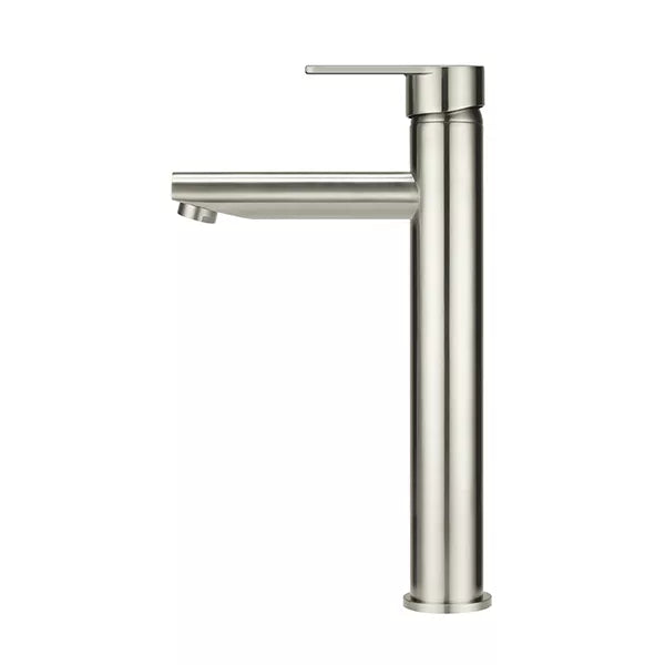 Round - Brushed Nickel Tall Basin Mixer with Straight Spout and Paddle Handle