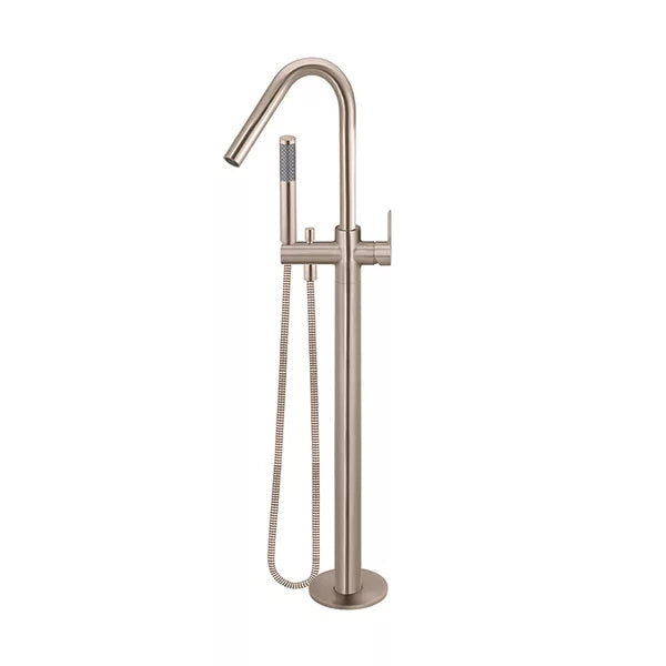 Round - Champagne Freestanding Bath Spout w Paddle Handle Mixer and Handshower
