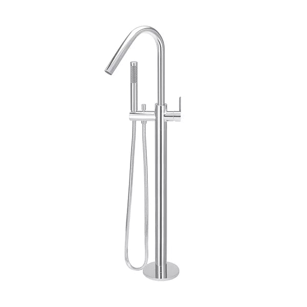 Round - Polished Chrome Freestanding Bath Spout w Paddle Handle Mixer and Handshower