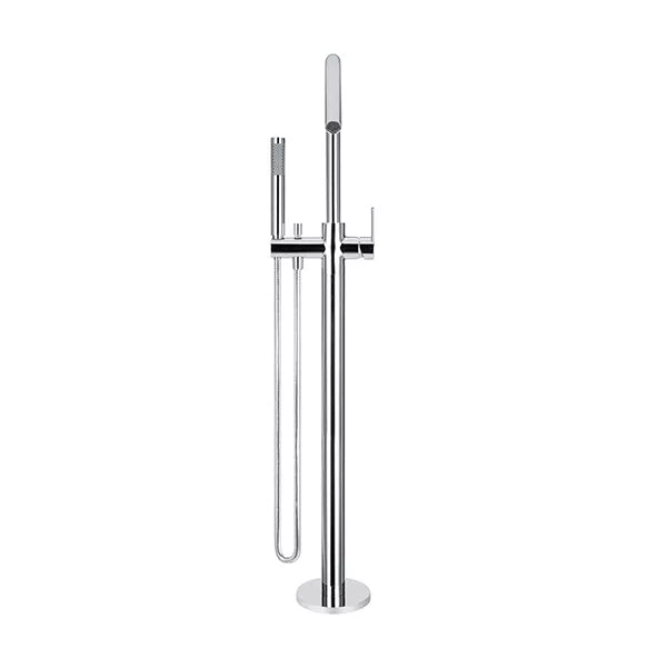 Round - Polished Chrome Freestanding Bath Spout w Paddle Handle Mixer and Handshower