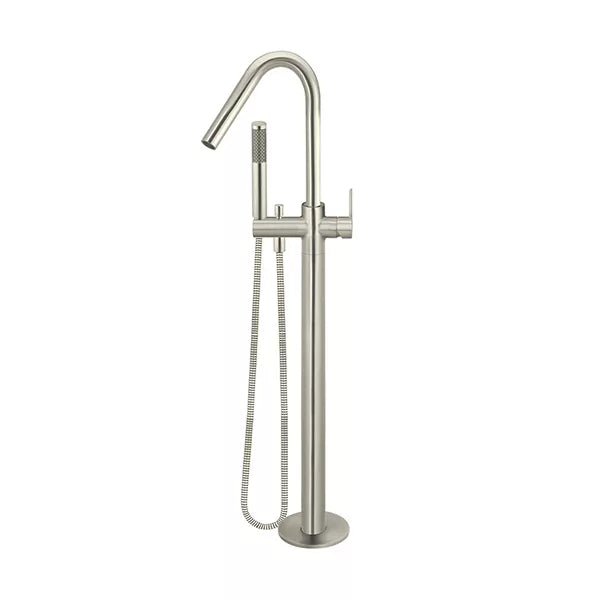 Round - Brushed Nickel Freestanding Bath Spout w Paddle Handle Mixer and Handshower