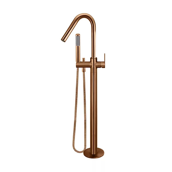 Round - Lustre Bronze Freestanding Bath Spout w Paddle Handle Mixer and Handshower